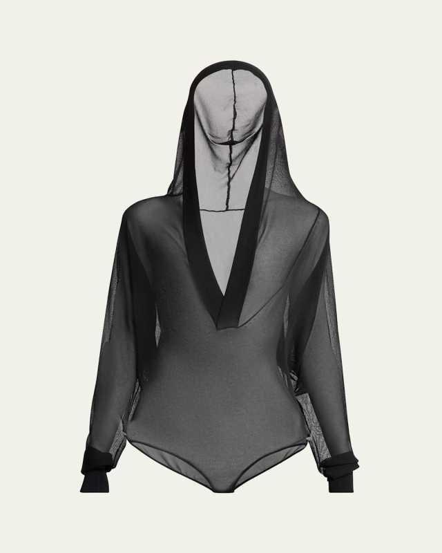 Sheer V-Neck Hooded Bodysuit